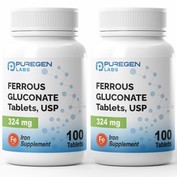 Puregen Labs Gluconato Ferroso 324 mg [Alta Potência] Suplemento de Ferro, Gentil no Estômago 2 Embalagem - 200 Comprimidos Total