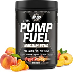 PMD Sports Pump Fuel Ultra Médio Stim - Bomba pré-treino Premium pó e músculo, maior foco, resistência e recuperação, Creatina Premium, Arginina e Beta Alanine - Nectarina de pêssego (30 Servões)