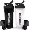 Utopia Home Shaker Bottle 2 Pack - 24 Ounce Plastic Protein ou Cocktail Shaker Garrafa para pré e pós treino com Twist & Lock Protein Box Armazenamento (Todos pretos e claros / pretos)