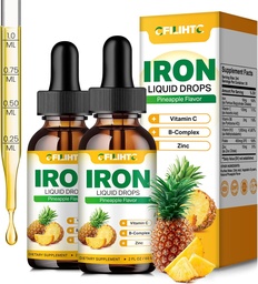 Suplemento de Ferro Líquido para Mulheres Homens & Crianças Gotas de Ferro Multivitamínico com Folato, Vitamina C, B6, B12, Zinco para Anemia, Deficiência de Ferro, Construtor de Sangue, Energia - Natural flavor de abacaxi, Vegan 4 Fl Oz