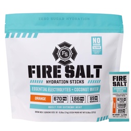Fire Science Fire Salt Hydration Sticks, Eletrólitos & Água de coco, Hydration Drink Mix com Magnésio, Potássio & Sódio, Açúcar Zero, Servo único no pacote Go, Vegan, sabor laranja, 32 Contagem