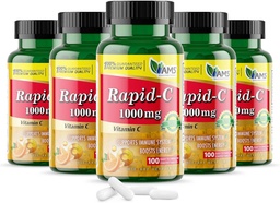 América Medic & Science Rapid-C 1000mg Suplemento de vitamina C (5 pacote de 100 comprimidos) Fortalecedor de energia, Suporte diário do sistema imunológico, Antioxidante Vegan, Ácido ascórbico não-GMO revestido para homens adultos e mulheres