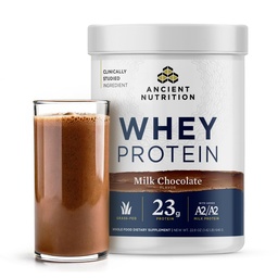 Nutrição antiga proteína de whey alimentado da grama, chocolate do leite, 23g proteína, 20 serviços, peptídeos de colágeno hidrolisados, proteína orgânica regenerativa A2/A2 leite
