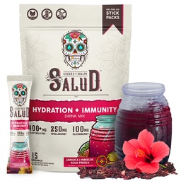 Salud 2-em-1 Pacotes de Hidratação + Imunidade Eletrólitos Pó, Hibiscus - Jamaica Agua Fresca Drink Mix, Elderberry, Leite & Soja Grátis, Não-GMO, Glúten Livre, Vegan, Baixa Caloria, 1g Açúcar (15 Servões)