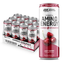 Optimum Nutrition Amino Energy Sparkling Hydration Drink, Eletrólitos, Cafeína, Aminoácidos, BCAAs, Açúcar Livre, Cereja Juicy, 12 Fl Oz, 12 Pack (Packaging May Vary)