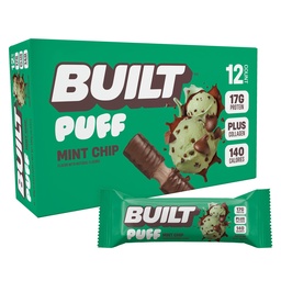 Bar construído, Puff Protein Bars, Mint Chip Puff, 17g Snacks Protein, On-the-Go Bars, Apenas 140 calorias, 6g Açúcar, Colágeno, Gluten Free, 12 Contagem